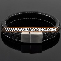 REAL BESTXY custom logo Unique Designer 316L Stainless Steel Bracelets & Bangles Mens Gift Black Leather Knitted Magnetic Clasp