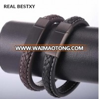 REAL BESTXY custom logo Bracelets & Bangles Men Stainless Steel Leather Bracelets Braided Rope Magnetic Clasp Male Bangles